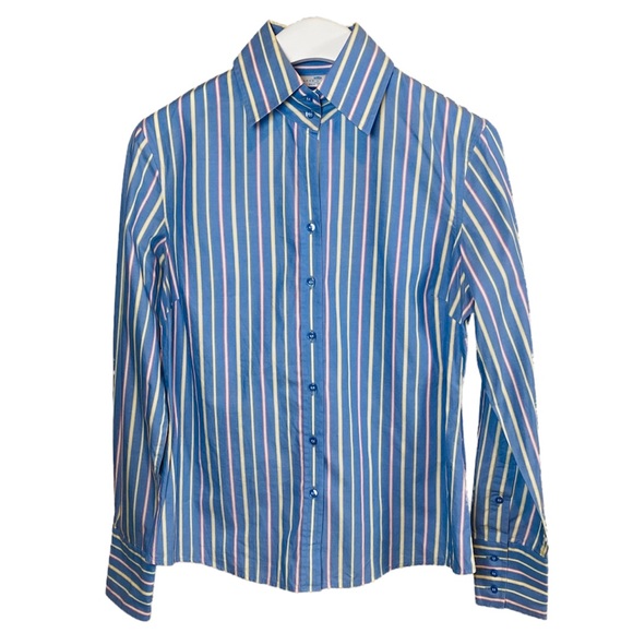 Hawes & Curtis Tailored Semi Fitted Blue Button Down Striped Top UK 14 - Picture 1 of 13